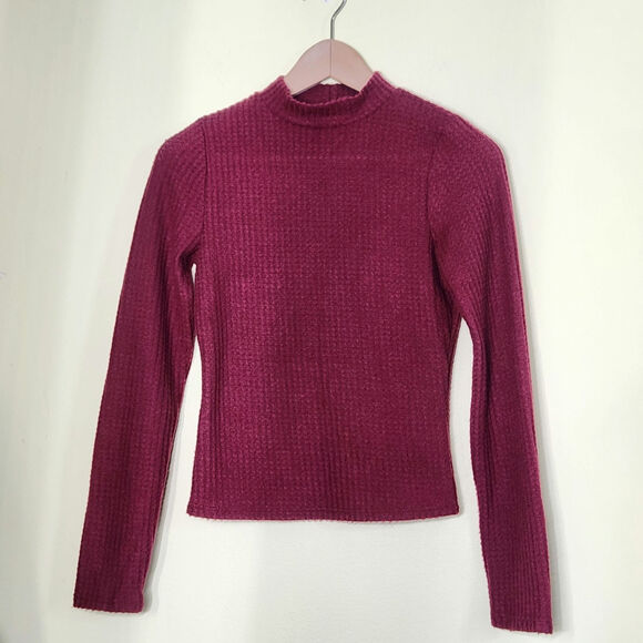 Lulus Cuddly Couture Waffle Knit Mock Neck Top Sweater Size Small Burgundy Luxe - Picture 3 of 9